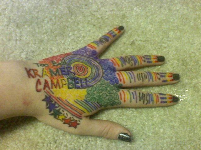 Colorful drawing on hand with the words &ldquo;Too Bad, Kramer Campbell&rdquo;